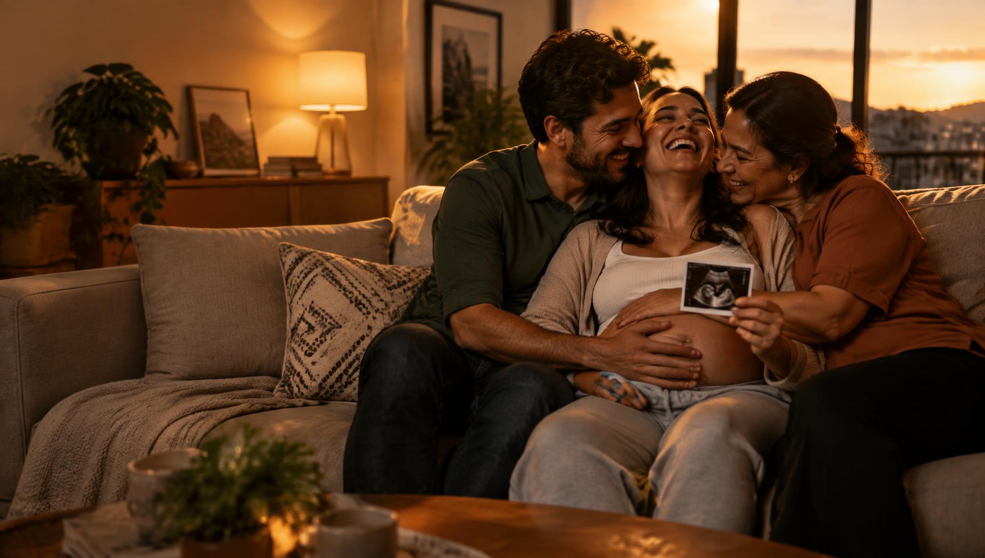 Família abraçada no sofá após a experiência