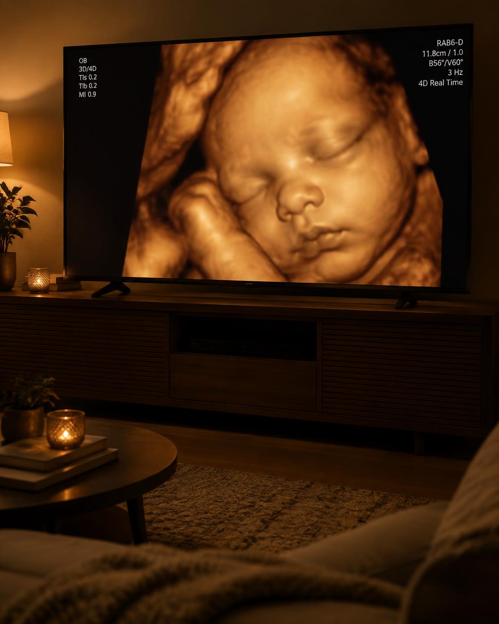 Imagem 3D/4D do rosto do bebê em uma TV